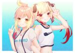  2girls animal_ear_fluff animal_ears animare bare_shoulders blonde_hair blue_background blush breasts character_name choker crop_top dog_ears gradient_background grin highres hira_hikari jewelry locked_arms long_hair looking_at_viewer low_twintails medium_breasts multicolored_hair multiple_girls nanashi_inc. necklace o-ring o-ring_choker orange_eyes orange_nails pink_hair print_shirt puffy_short_sleeves puffy_sleeves red_eyes red_hair rin_(0917608) seshima_rui shirt short_sleeves sleeveless sleeveless_shirt small_breasts smile suspenders twintails two-tone_hair upper_body virtual_youtuber w white_choker white_shirt 