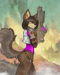 2022 4:5 5_fingers amber_eyes anthro ashpond azure_(satoshi3199) brown_body brown_fur brown_hair butt canid canine canis clothed clothing detailed_background digital_media_(artwork) eyebrows female fingers fur furgonomics hair hi_res holding_object holding_weapon human inner_ear_fluff long_hair looking_at_viewer mammal partially_clothed post-apocalyptic ranged_weapon rubber rubber_clothing rubber_suit solo standing suit topwear tuft weapon wolf 