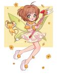  1girl absurdres artist_name blush brown_hair cardcaptor_sakura chelly_(chellyko) female_child flower full_body green_eyes highres holding holding_wand kero kinomoto_sakura magical_girl open_mouth tail wand white_footwear wings yellow_flower 