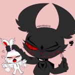  2018 2spot_studio anthro blood bloody_bunny bloody_bunny_(series) blush bodily_fluids dark_rabbit_(bloody_bunny) duo female grey_body holding_character holding_knife holding_object knife lagomorph leporid macro male mammal mbs150603 pink_background rabbit simple_background size_difference tagme white_body 