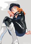  1girl black_bodysuit black_headwear blonde_hair bodysuit boku_no_hero_academia boots breasts brown_eyes cleavage grey_background hat latex latex_bodysuit long_hair medium_breasts ohhhhhhtsu peaked_cap solo superhero utsushimi_kemii white_footwear zipper_pull_tab 