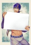  1boy abs bara blonde_hair blush commission feet_out_of_frame groin holding holding_sign indie_virtual_youtuber looking_at_viewer male_focus multicolored_hair muscular muscular_male navel purple_hair ryosuke_tsukiyo shidatsu_takayuki short_hair sign skeb_commission smile solo streaked_hair thick_eyebrows veiny_crotch virtual_youtuber 