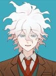  1boy :d absurdres brown_jacket collared_shirt danganronpa_(series) danganronpa_3_(anime) green_background green_vest grey_eyes hair_between_eyes highres hope&#039;s_peak_academy_school_uniform jacket komaeda_nagito lower_teeth_only medium_hair messy_hair necktie okamotoo portrait red_necktie red_vest school_uniform shirt simple_background smile solo teeth tongue two-tone_vest vest 