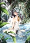  1girl barefoot bird_tail blush breasts camisole dated forest frilled_panties frills gradient_hair grass green_eyes grey_hair hair_tie head_wings highres kemono_friends looking_at_viewer looking_back moricissist multicolored_hair nature panties partially_submerged plant rock shoebill_(kemono_friends) side-tie_panties signature sitting small_breasts soles solo spaghetti_strap strap_slip tail toenails toes tsurime underwear wariza water waterfall white_camisole white_panties 