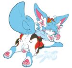  &lt;3 2023 3_toes accessory animal_genitalia anus backsack balls black_clothing blue_body blue_fur blue_nose blue_tail blush bow_(feature) bow_accessory bow_ribbon butt_tuft cirkus clothing eeveelution feet feral fur generation_6_pokemon genitals hair hair_accessory hair_bow hair_over_eyes hair_ribbon heart_pawpads hi_res jester looking_at_viewer looking_back looking_back_at_viewer lying male mammal mane messy_hair nintendo on_front pawpads penis penis_tip pink_body pink_pawpads pokemon pokemon_(species) pokemon_unite rear_view red_clothing ribbons ribbons_(anatomy) sheath sheath_tuft shiny_pokemon signature solo sylveon tail tail_tuft toes trick_(cirkus) tuft white_body white_fur yellow_clothing 