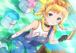  1girl ahoge bare_shoulders blonde_hair blue_overalls braid choker derivative_work gloves hachimiya_meguru hair_ornament headband holding holding_paintbrush idolmaster idolmaster_shiny_colors lace-trimmed_shirt lace_trim looking_at_viewer orange_headband overalls paint_can paint_on_clothes paint_splatter paint_splatter_on_face paintbrush sagamiya_(sgmy777) shirt sitting smile solo suspenders suspenders_slip twin_braids 