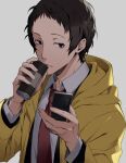  1boy adachi_tooru bags_under_eyes black_hair black_jacket can canned_coffee cellphone closed_mouth coat collared_shirt drinking flip_phone grey_background hands_up highres holding holding_can holding_phone hood hood_down hooded_coat jacket long_sleeves looking_at_viewer male_focus necktie persona persona_4 phone red_necktie shirt short_hair simple_background soda_can solo upper_body white_shirt yellow_coat yellow_raincoat yoshino_saku 