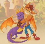  2023 activision anthro bandicoot biped black_nose blue_bottomwear blue_clothing blue_pants bottomwear brown_clothing brown_fingerless_gloves brown_gloves brown_handwear claws clothed clothing crash_bandicoot crash_bandicoot_(series) dragon duo embrace eyebrows eyes_closed feral fingerless_gloves footwear full-length_portrait fur gloves handwear hera_souflee hi_res horn hug male mammal marsupial membrane_(anatomy) membranous_wings one_eye_closed orange_body orange_fur pants portrait pronounced_browridge purple_body purple_scales purple_tail quadruped red_clothing red_footwear red_shoes scales scalie shoes smile spyro spyro_the_dragon standing tail topless western_dragon white_claws wings yellow_wings 