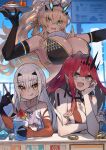  3girls baobhan_sith_(fate) bare_shoulders barghest_(fate) bikini blonde_hair breasts earrings fate/grand_order fate_(series) forked_eyebrows green_eyes grey_eyes highres horns jewelry katsu_(katsupainter) large_breasts long_hair looking_at_viewer melusine_(fate) multiple_girls open_mouth pink_hair pointy_ears sidelocks small_breasts smile swimsuit tiara white_hair yellow_eyes 