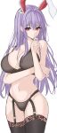  1girl 7saki animal_ears arm_under_breasts commentary_request extra_ears hand_up highres looking_at_viewer navel purple_eyes purple_hair rabbit_ears reisen_udongein_inaba simple_background solo thighhighs touhou underwear unfinished white_background 