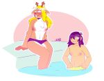  aged_up anthro antlers blonde_hair blush clothed clothing deer deltarune duo female female/female flustered hair horn human kris_(deltarune) mammal nipples noelle_holiday nude partially_clothed pool skinny_dipping topless undertale_(series) zixzs-redlight 