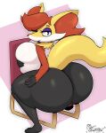 2023 4_fingers absurd_res anthro big_breasts big_butt black_body black_fur black_lips breasts butt canid carrie_(thixxen) chair delphox eyeshadow female fingers fur furniture generation_6_pokemon gloves_(marking) hair half-closed_eyes hand_on_breast hand_on_leg hand_on_thigh hi_res huge_breasts huge_butt huge_thighs inner_ear_fluff lips looking_at_viewer looking_back makeup mammal markings miso_souperstar motion_lines narrowed_eyes nintendo nude one_eye_closed pokemon pokemon_(species) purple_eyeshadow red_body red_fur red_hair red_nose sitting smile solo thick_thighs tuft white_body white_fur wink yellow_body yellow_fur 