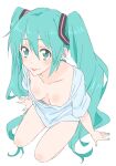  1girl absurdres blue_eyes blue_hair blush breasts cleavage collarbone donguri_suzume hatsune_miku highres long_hair looking_at_viewer nail_polish oversized_clothes shirt simple_background solo thighs tongue tongue_out twintails vocaloid 