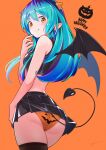  1girl absurdres ass black_shirt black_skirt black_thighhighs black_wings blue_hair crop_top demon_tail demon_wings halloween happy_halloween highres horns itou_kazuki jack-o&#039;-lantern_print long_hair lum oni oni_horns orange_panties panties pointy_ears shirt skirt sleeveless sleeveless_shirt solo tail thighhighs underwear urusei_yatsura wings yellow_eyes 