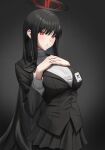  1girl absurdres black_background black_hair black_jacket black_skirt blue_archive blush breasts gileu hair_ornament halo hands_on_own_chest highres jacket large_breasts long_hair long_sleeves open_mouth red_eyes rio_(blue_archive) skirt solo sweater turtleneck turtleneck_sweater white_sweater 
