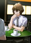 2boys akechi_gorou amamiya_ren bespectacled black-framed_eyewear brown_hair closed_eyes collared_shirt cup disguise glasses male_focus multiple_boys necktie nk_sita official_alternate_hairstyle open_mouth persona persona_5 saucer shirt short_sleeves solo_focus striped_necktie table twitter_username white_shirt 