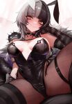  1girl absurdres animal_ears arm_strap belt black_choker black_coat black_hair black_leotard blunt_bangs blush breasts chest_belt choker closed_mouth coat dokuro_deluxe fake_animal_ears fishnet_pantyhose fishnets fur-trimmed_coat fur_trim grey_hair hand_up highleg highleg_leotard highres hololive hololive_english large_breasts leotard long_hair looking_at_viewer multicolored_hair pantyhose playboy_bunny rabbit_ears shiori_novella simple_background sitting split-color_hair spread_legs strapless strapless_leotard striped striped_arm_warmers striped_thighhighs thigh_belt thigh_strap thighhighs thighhighs_over_pantyhose virtual_youtuber white_background yellow_eyes yorick_(shiori_novella) 