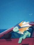  arc_draws artist_name bird blue_skin blue_sky car clear_sky closed_eyes colored_skin day driving highres motor_vehicle no_humans outdoors pokemon pokemon_(creature) sky smile twitter_username vaporeon water 