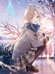  1girl black_pantyhose blonde_hair blue_scarf blush brown_coat brown_skirt cityscape coat hanekoto highres loafers official_art open_mouth otonari_no_tenshi-sama_ni_itsu_no_mani_ka_dame_ningen_ni_sarete_ita_ken outdoors pantyhose plaid plaid_skirt scarf shiina_mahiru_(otonari_no_tenshi-sama) shoes skirt snowing solo squatting yellow_eyes 