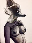  anthro breasts canid canine ears_up famished_(artist) female fox fur hi_res looking_away mammal nipples presenting presenting_breasts simple_background solo white_background white_body white_fur 