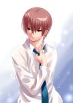  1boy adjusting_clothes adjusting_necktie blue_background blue_necktie brown_hair commentary_request dress_shirt eyelashes eyes_visible_through_hair hair_between_eyes hand_up lips little_busters! long_sleeves looking_to_the_side male_focus natsume_kyousuke necktie nose one-hour_drawing_challenge parted_lips red_eyes see-through see-through_shirt shirt short_hair simple_background solo upper_body wet wet_clothes white_background white_shirt zen_(kamuro) 