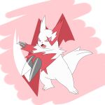  1:1 abstract_background absurd_res ambiguous_gender anthro attack big_claws claws cute_fangs fur generation_3_pokemon hi_res kamek_sans looking_at_viewer markings nintendo pokemon pokemon_(species) red_body red_fur red_markings red_sclera solo white_body white_fur zangoose 