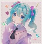  1girl absurdres ascot bandaged_neck bandages bandaid bandaid_on_face blue_eyes blush bow character_name collared_shirt hair_bow hair_ornament hairclip hand_on_own_cheek hand_on_own_face hatsune_miku highres jacket long_sleeves looking_at_viewer off_shoulder open_mouth pill_hair_ornament shirt short_hair solo suiren_nei track_jacket twintails upper_body vocaloid x_hair_ornament 