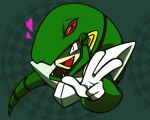  1boy fang fuuro_06 gloves green_background green_headwear headgear heart helmet looking_at_viewer male_focus mega_man_(classic) mega_man_(series) mega_man_3 open_mouth robot shaded_face snake_boy snake_man solo v white_gloves 