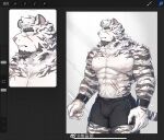  1boy abs animal_ears arknights artist_request bara black_shorts bulge close-up collaboration cross_scar eyebrow_cut facial_hair feet_out_of_frame furry furry_male goatee large_pectorals looking_to_the_side male_focus mature_male mountain_(arknights) muscular muscular_male navel navel_hair nipples pectorals scar scar_across_eye scar_on_arm scar_on_cheek scar_on_chest scar_on_face scar_on_hand scar_on_leg scar_on_stomach shibata_akira short_hair shorts sideburns stomach thick_thighs thighs tiger_boy tiger_ears topless_male white_fur 