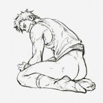  1boy ass bara beard bottomless constantine dc_comics facial_hair frown gag greyscale improvised_gag john_constantine looking_at_viewer male_focus mature_male messy_hair monochrome short_hair sketch smokerichi socks solo tank_top tape tape_gag toned toned_male 
