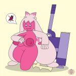  1:1 areola beady_eyes big_breasts breasts featureless_crotch featureless_feet female generation_9_pokemon hammer hand_on_chest hi_res huge_breasts humanoid nintendo nipples nude pink_areola pink_body pink_nipples pokemon pokemon_(species) purple_eyes simple_background solo sorcius speech_bubble tan_background tinkaton tools 