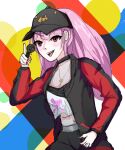  1girl absurdres artist_request baseball_cap black_headwear black_jacket black_pants blunt_bangs cropped_shirt hat highres holding holding_microphone hololive hololive_english jacket long_hair looking_at_viewer microphone mori_calliope mori_calliope_(streetwear) multicolored_clothes multicolored_jacket nail_polish non-web_source official_alternate_costume open_mouth pants pink_hair ponytail red_eyes red_jacket red_nails shirt sidelocks simple_background sketch smile solo source_request two-tone_jacket virtual_youtuber white_shirt 
