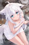  1girl absurdres ahoge animal_ears blush breasts cleavage closed_mouth commentary_request covering covering_breasts fox_ears fox_tail from_above hair_between_eyes highres hololive long_hair looking_at_viewer naked_towel onsen paid_reward_available shirakami_fubuki sitting smile soaking_feet solo tail tareme thighs towel uechin_ewokaku virtual_youtuber wet white_hair 
