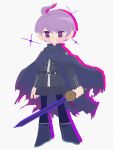  1boy ahoge belt black_belt blue_cape blush boots cape closed_mouth commentary_request drop_shadow full_body grey_jacket grey_shorts highres holding holding_sword holding_weapon jacket long_sleeves looking_at_viewer male_focus master_detective_archives:_rain_code no_lineart purple_eyes purple_hair short_hair shorts simple_background solo sparkle standing sword torn_cape torn_clothes weapon white_background yuma_kokohead zuzu_ushi 