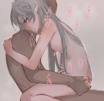  1boy 1girl ao_oni_(onioni-aoi) arknights ass_grab blush braid breasts completely_nude crown_braid from_side girl_on_top grey_background grey_hair hetero highres long_hair motion_lines nipples nude open_mouth pointy_ears profile red_eyes sex simple_background small_breasts very_long_hair warfarin_(arknights) 