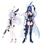  2girls animal_ears assault_rifle azusa_(blue_archive) black_mask blue_archive boots breasts coat crossed_bangs flat_chest flower gun hair_flower hair_ornament halo high_heel_boots high_heels highres jacket large_breasts long_hair low_wings m4_carbine mameojitan mask mouth_mask multiple_girls neckerchief open_clothes open_jacket playboy_bunny purple_flower rabbit_ears rifle saori_(blue_archive) sig_516 sig_sauer snap-fit_buckle thighhighs weapon white_background white_coat white_hair white_wings wing_ornament wings yellow_neckerchief 