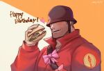  1boy beard_stubble blush bow bowtie burger covered_eyes food happy_birthday hardhat heart helmet helmet_over_eyes holding holding_food ina_zuma male_focus muscular muscular_male pink_bow pink_bowtie soldier_(tf2) solo team_fortress_2 two-tone_background upper_body 