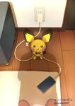  artist_name broken_cable brown_footwear cellphone charger couch electrical_outlet funahashi_(nkmmmmr) highres indoors looking_at_viewer open_mouth phone pichu pokemon pokemon_(creature) pov rug shadow smartphone solo_focus sweatdrop watermark wooden_floor 