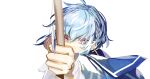  1boy aiming_at_viewer akuma_shitsuji_to_kuroi_neko androgynous blue_hair blue_sailor_collar bow_(weapon) bow_and_arrow_hold covering_mouth cross cross_earrings earrings flure_garcia highres jewelry light_blue_hair long_sleeves looking_at_viewer male_focus pink_eyes sailor_collar shirt short_hair sketch solo user_kvxd4455 weapon white_shirt 