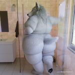  2023 3d_(artwork) anthro bathroom bathroom_floor bathroom_sink bathroom_wall belly belly_overhang big_belly big_butt big_moobs black_nails butt canid canine canis cheek_tuft claws colored_nails digital_media_(artwork) facial_tuft fangs fat_arms fat_rolls fluffy from_behind_position fur glass_surface hand_on_stomach hi_res huge_belly inside looking_at_viewer male mammal moobs nails nude obese obese_anthro obese_male overweight overweight_anthro overweight_male pawpads pinup pose presenting presenting_hindquarters rawethewolf rear_view reflection sex smile smiling_at_viewer solo squish standing teeth thick_arms thick_thighs tuft white_body white_fur wolf yellow_eyes 