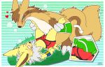  &lt;3 anthro balls_outline blush brown_body clothed clothing duo eeveelution feral generation_1_pokemon generation_3_pokemon genital_outline graedius_(artist) green_eyes jolteon linoone male male/male nintendo pokemon pokemon_(species) underwear underwear_only yellow_body 