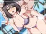  1boy 1girl :d absurdres beach bent_over bikini black_hair blush breasts cleavage collarbone commentary_request grabbing_another&#039;s_hair hetero highres idoly_pride karakuri_musha large_breasts long_hair looking_at_viewer navel one_eye_closed open_mouth outdoors purple_bikini saeki_haruko_(idoly_pride) sex sex_from_behind short_hair smile solo_focus swimsuit v viewfinder yellow_eyes 