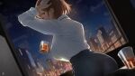  1girl absurdres aogiri_koukou ass black_skirt blue_eyes breasts brown_hair cityscape collared_shirt cup hand_on_own_head hand_up highres holding holding_cup kkix25 kurikoma_komaru large_breasts night night_sky office_lady shirt short_hair signature skirt sky solo white_shirt 