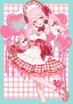  1girl bow bright_pupils bucket commission dress hair_bow heart heart-shaped_pupils l_hakase long_hair original pink_eyes pink_footwear pink_hair red_bow solo symbol-shaped_pupils twintails white_pupils wrist_cuffs 
