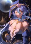  1girl bare_shoulders black_gloves blue_hair blue_hood breasts chikenryice detached_sleeves dress drill_hair genshin_impact gloves hair_between_eyes highres hood hood_up layla_(genshin_impact) long_hair medium_breasts pointy_ears solo yellow_eyes 