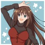  1girl aozaki_aoko black_shirt blue_background blue_eyes brown_hair commentary_request dress hirakawa long_hair long_sleeves mahou_tsukai_no_yoru open_mouth red_dress shirt solo star_(symbol) turtleneck type-moon upper_body v 