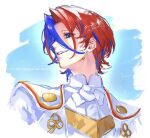  1boy 91007 alear_(fire_emblem) alear_(male)_(fire_emblem) artist_name blue_eyes blue_hair fire_emblem fire_emblem_engage hair_between_eyes hair_intakes male_focus multicolored_hair open_mouth red_hair short_hair smile solo split-color_hair teeth twitter_username upper_body upper_teeth_only 