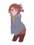  1girl ake_blood blue_jacket blush_stickers brown_hair brown_pantyhose brown_shorts chara_(undertale) commentary dot_nose green_sweater hands_in_pockets highres jacket open_mouth pantyhose red_eyes short_hair shorts signature sweater twitter_username undertale white_background 