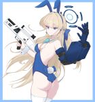  1girl absurdres animal_ears ass backless_leotard blonde_hair blue_archive blue_border blue_bow blue_eyes blue_hairband blue_leotard border bow bowtie breasts detached_collar earpiece fake_animal_ears fake_tail floating_hair gun hairband halo hasarang highres holding holding_gun holding_weapon leotard long_hair mechanical_arms medium_breasts microphone official_alternate_costume official_alternate_hairstyle playboy_bunny rabbit_ears rabbit_tail rifle scope single_mechanical_arm tail thighhighs toki_(blue_archive) toki_(bunny)_(blue_archive) very_long_hair weapon white_thighhighs 