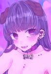  1girl @_@ animal_collar animal_ears breasts cleavage collar collarbone_piercing commentary_request dog_ears drooling ear_piercing earrings highres jewelry large_breasts long_hair original piercing purple_eyes purple_hair saliva solo sweat tearing_up tongue_piercing uououoon upper_body 